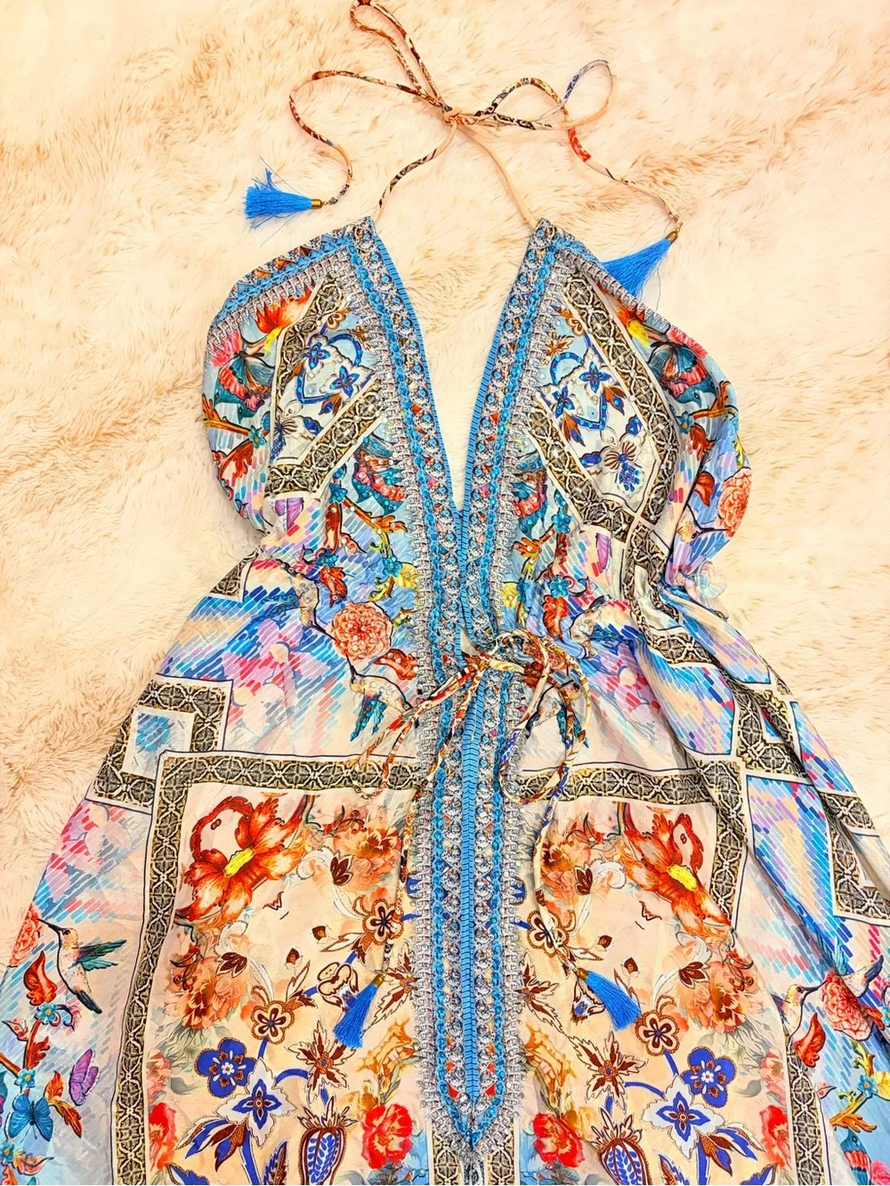 ๐ง๐ผ Y2K Fairycore Sequin Beaded Sakkas Halter Maxi Dress Euro Summer Boho Floral - Picture 16 of 16